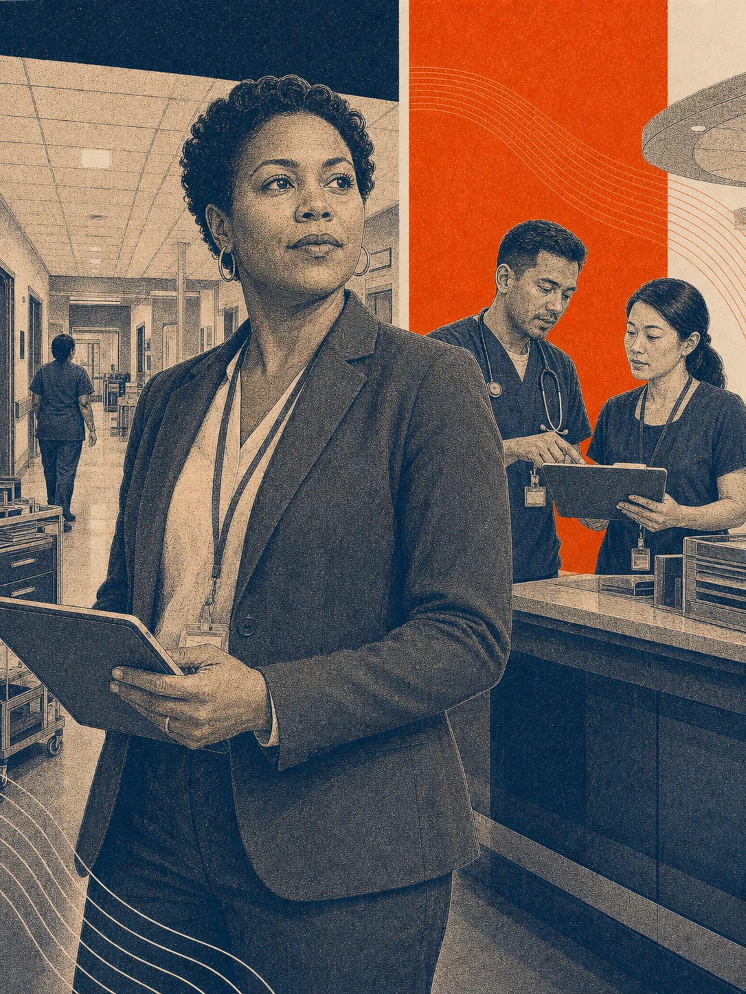 Engraved orange and navy editorial illustration of a Black woman hospital operations leader with a nurse and clinical scheduler