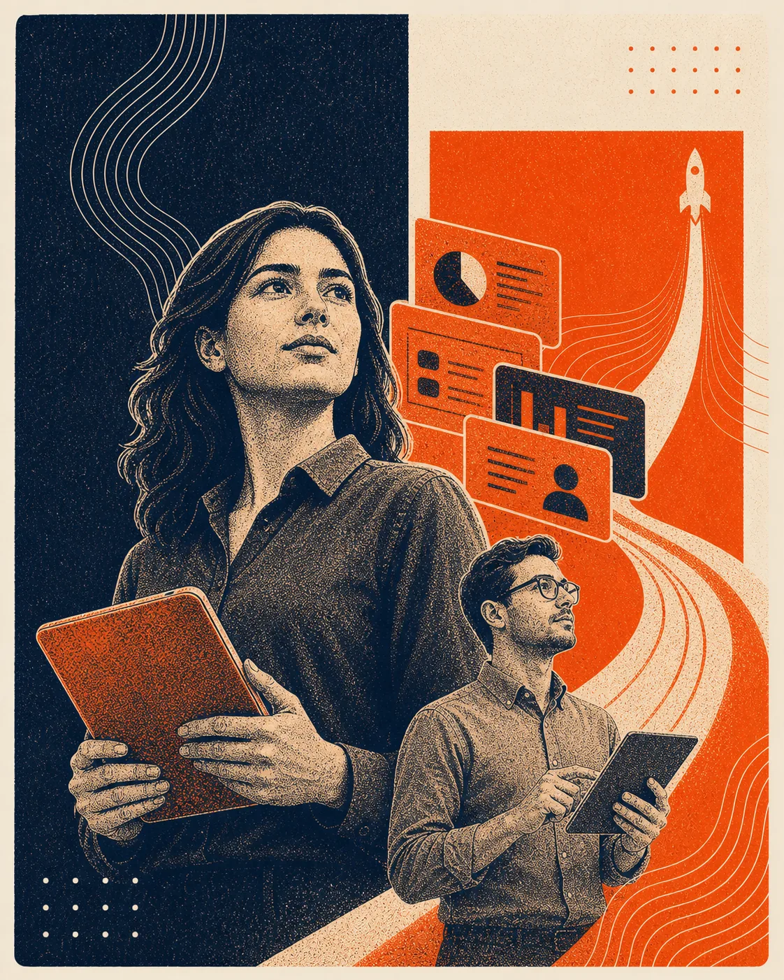 Engraved orange and navy editorial illustration of an HCM implementation leader guiding a launch