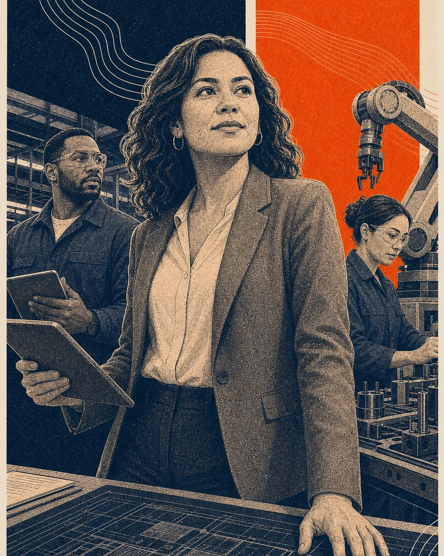 Engraved orange and navy editorial illustration of a woman leading a manufacturing operation
