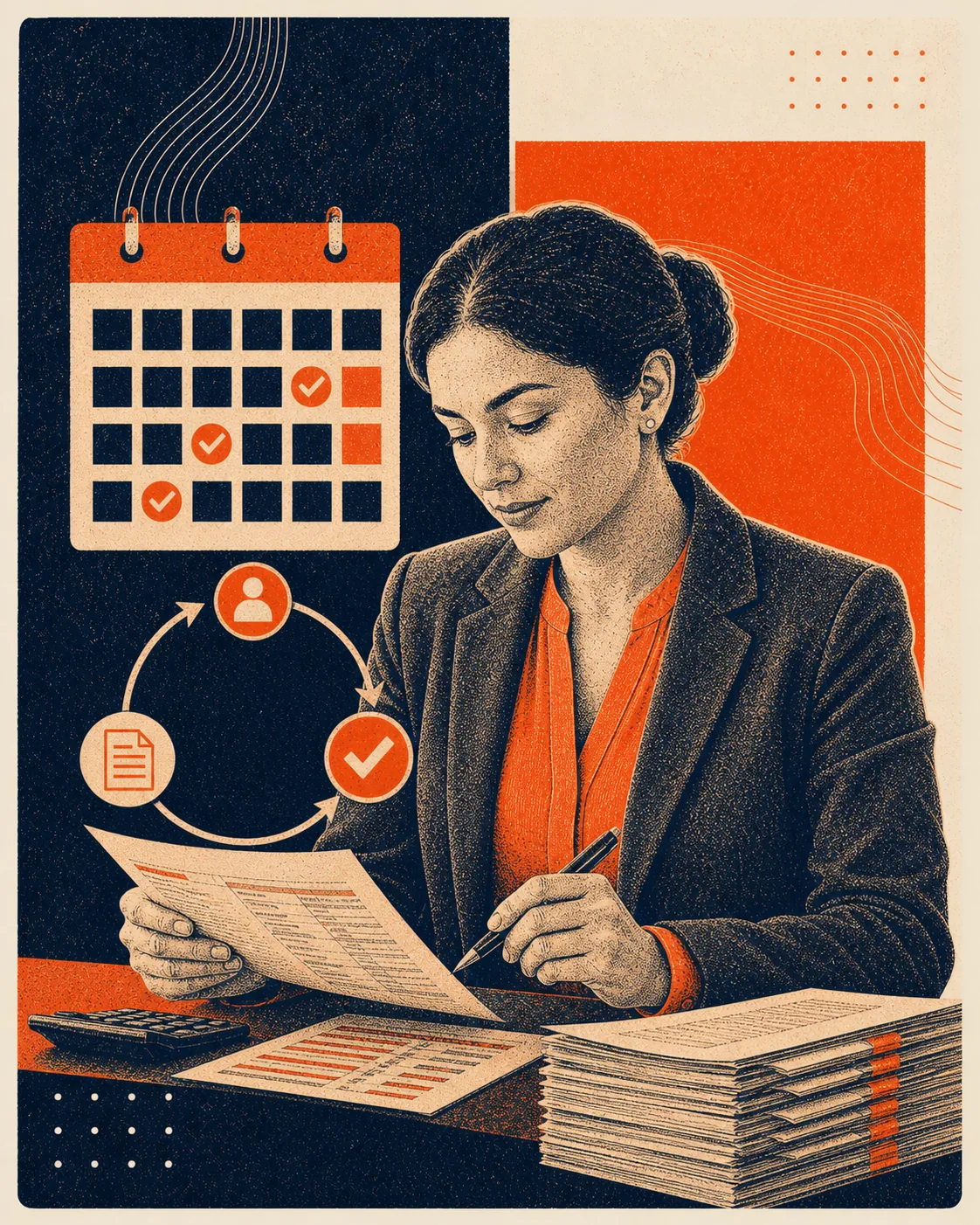 Engraved orange and navy editorial illustration of a payroll leader reviewing a dependable payroll cycle