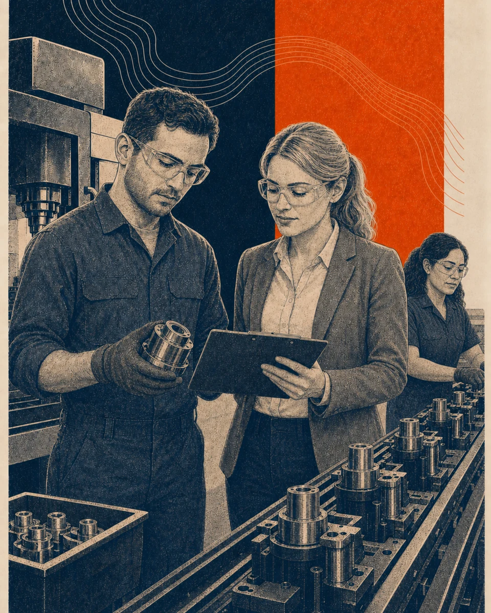 Engraved orange and navy editorial illustration of one man and two distinct women collaborating beside a CNC machine