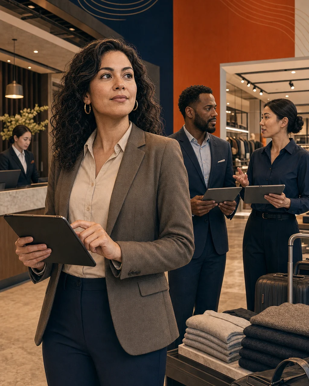 Retail and hospitality operations leaders coordinating in a combined hotel and store environment