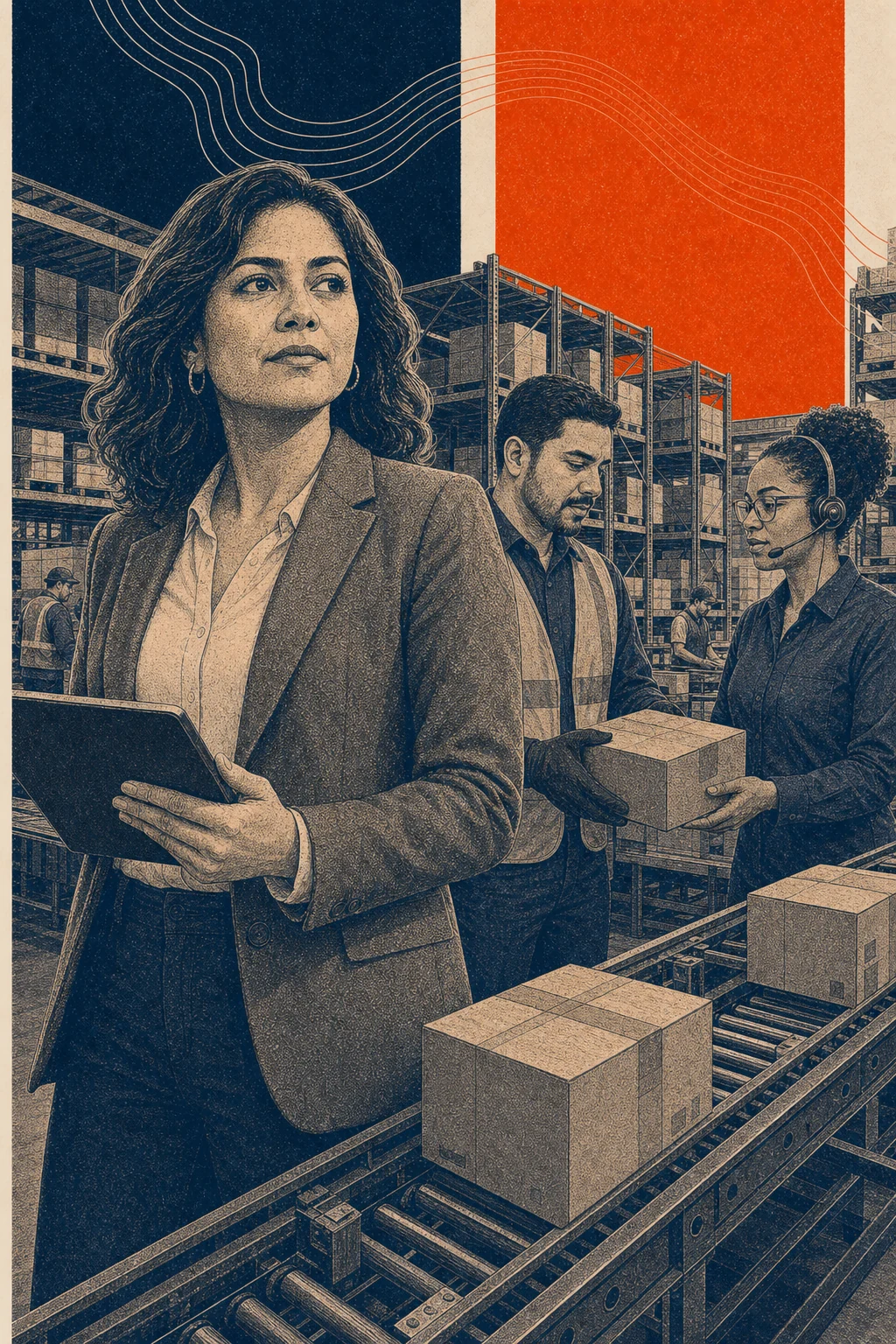 Engraved orange and navy editorial illustration of a South Asian operations director with distribution and service leaders