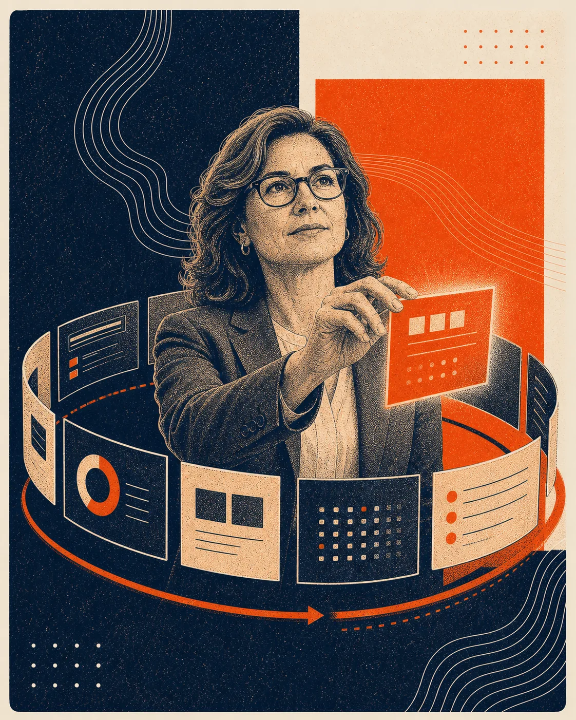 Engraved orange and navy editorial illustration of a strategic HCM advisor guiding continuous platform improvement