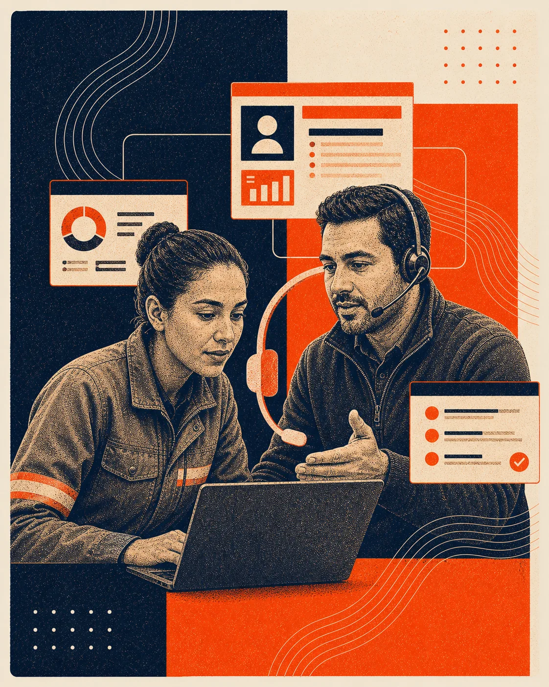 Engraved orange and navy editorial illustration of HCM support experts solving an operational issue together